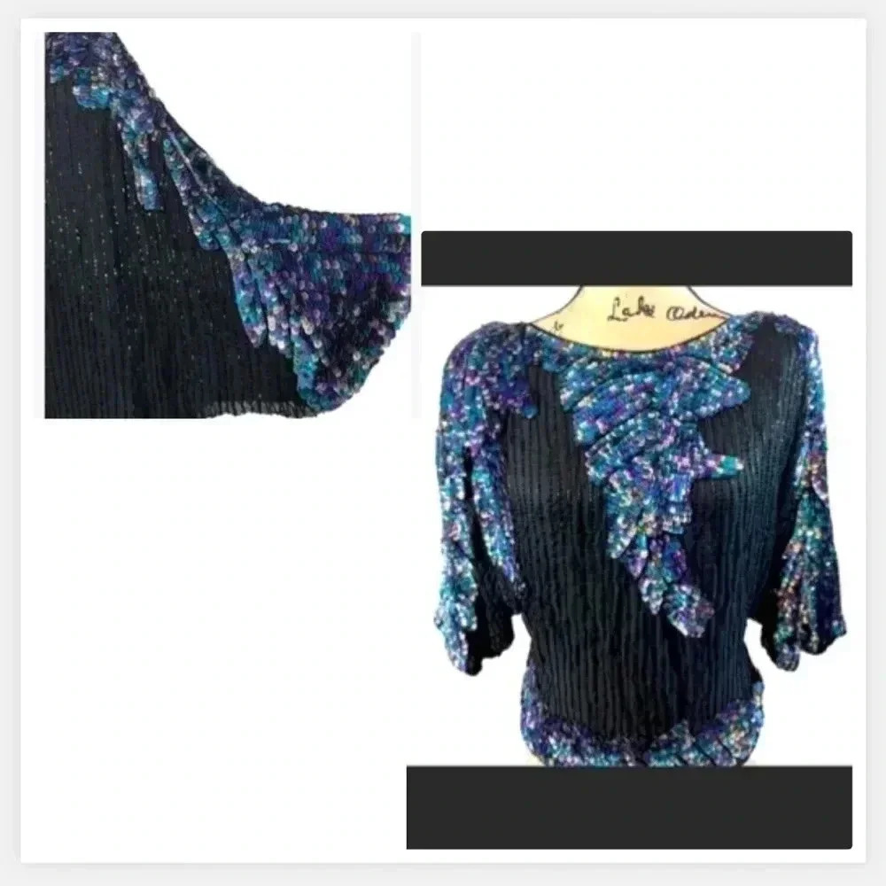 VINTAGE‎ Whimsical Black & Blue Sequin 1980’s retro Top